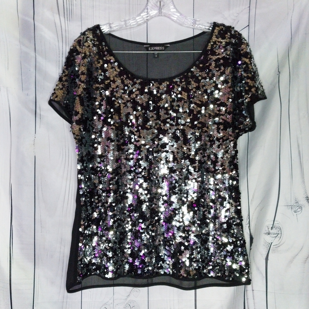 Express Black and Silver Sequin Short Sleeve Top